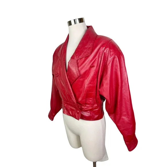 Vintage 1980's Red Leather Cropped Pelle Cuir Moto Jacket - Lined - Size M - Picture 4 of 10